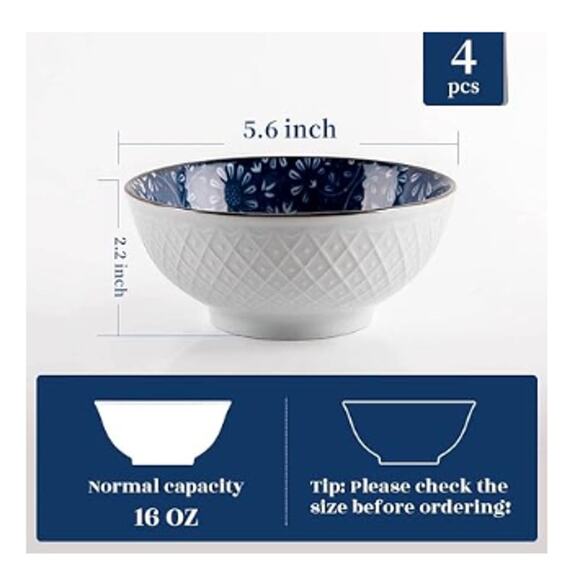16 oz Japanese Porcelain Rice Bowl, Blue Bowl Set of 4 - Picture 2 of 5